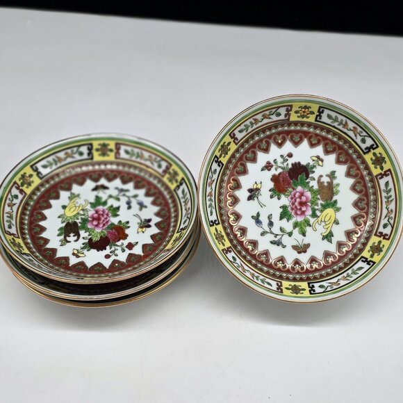 Chinese Porcelain Soup Salad Bowls Floral Butterfly Heart Design Gold Trim 5.5" - Picture 1 of 9